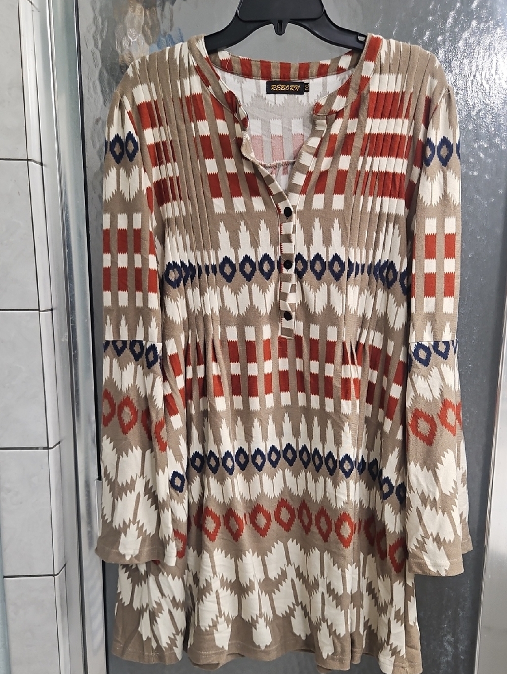 Reborn Beige Dress with Rust and Navy Geometric Print